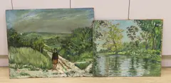 Figure on a pathway before hills and river by Michael John Blaker, oil, offered Feb 2024
