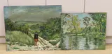Figure on a pathway before hills and river by Michael John Blaker, oil, offered Feb 2024