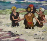 Women amongst the waves by Ross Foster, oil on canvas, sold Feb 2024