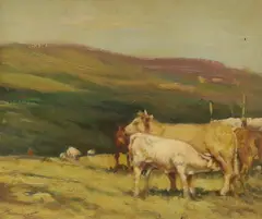 Cattle on a hillside by Ken Moroney, oil on board, sold Feb 2024