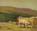 Cattle on a hillside by Ken Moroney, oil on board, sold Feb 2024