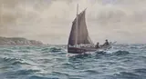 Fishing boat off the coast by Arthur Dean, watercolour, offered Feb 2024