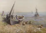 Coastal scene by Jacob Brooks, watercolour on card, sold Feb 2024