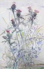 Scottish Thistles and Bluebells by Euphen Alexander, watercolour, sold Feb 2024