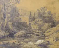 Figure before a watermill by David Cox Jr., 1821, pencil, sold Feb 2024