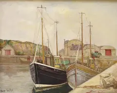 Coastal harbour with moored fishing boats by David Bond Walker, oil on canvas, sold Jan 2024