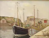 Coastal harbour with moored fishing boats by David Bond Walker, oil on canvas, sold Jan 2024