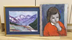 Mountainous landscape and Portrait of a child by Ákos Bíró, oil, sold Jan 2024