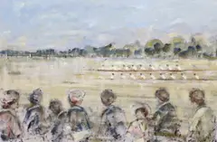 Figures watching the Oxford and by Walter John Beauvais, oil on canvas, sold Jan 2024