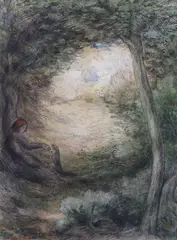 Woodland landscape with figure and dog by Selwyn Image, ink and watercolour, sold Jan 2024