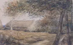 Landscape with trees before barns by Selwyn Image, 1901, pencil and watercolour, sold Jan 2024