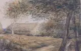 Landscape with trees before barns by Selwyn Image, 1901, pencil and watercolour, sold Jan 2024