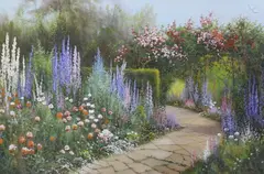 Cottage garden by Reginald Daniel Sherrin, gouache, sold Jan 2024