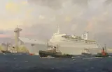 Shipping scene with cruise ship by Hugh Ridge, oil on canvas, sold Jan 2024