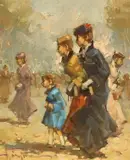 Women and girl in a crowd by Tommaso Principe, oil on canvas, sold Jan 2024
