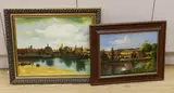 Stream before cottages and Bruges landscape by Nazzareno D'Angelo, oil, offered Jan 2024