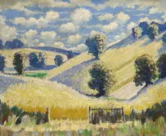 Hillside landscape with trees by Norman Lloyd, oil on canvas, sold Jan 2024