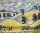 Hillside landscape with trees by Norman Lloyd, oil on canvas, sold Jan 2024