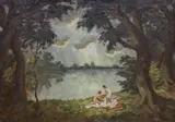Bathers by a lake by Geza Zahonyi, oil on canvas, sold Jan 2024