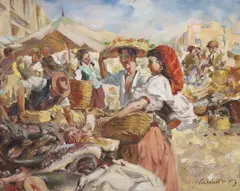 Market scene by Witman Etelka Vizkeleti, oil on canvas, sold Jan 2024