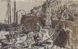 Harbour scene with boats and figures by Frank Brangwyn, ink and wash, sold Jan 2024