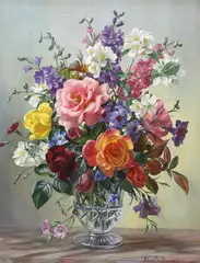Still life of flowers in a glass vase by Albert Williams, oil on canvas, sold Jan 2024