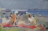 Figures on the beach by John Harvey, oil on canvas, sold Jan 2024