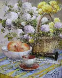 Still life of fruit and flowers by Lucia Sarto, oil on canvas, sold Jan 2024