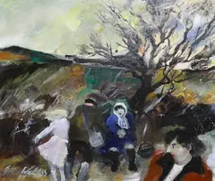 Figures before a windswept landscape by Gill Watkiss, oil on card, sold Jan 2024
