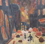 Warsaw in flames by Powstume Watmacosku, 1944, oil on paper, sold Jan 2024