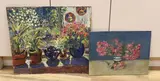 Still lifes of flowers in vases by Michael John Blaker, oil, sold Jan 2024