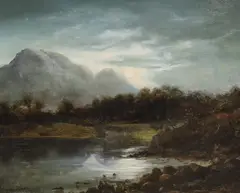 Mountainous river landscape by Arthur Gard, oil on board, sold Jan 2024