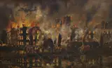 The Great Fire Olantigh Towers 11th Dec. 1903 by Xavier Willis, 1904, oil on canvas, sold Jan 2024