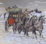 Stagecoach driving in winter landscape by W.R Earthrowl, watercolour, offered Jan 2024