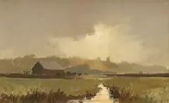 Landscape with farm buildings by Victor William Ellis, oil on canvas, sold Jan 2024
