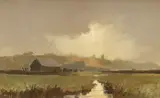 Landscape with farm buildings by Victor William Ellis, oil on canvas, sold Jan 2024