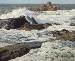 Rocks and foam by Donald Greig, oil on board, sold Jan 2024