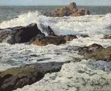 Rocks and foam by Donald Greig, oil on board, sold Jan 2024