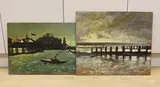 Figures kayaking before Brighton Pier and by Michael John Blaker, oil, sold Jan 2024