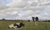 Cattle grazing before hayricks by Poul Steffensen, oil on canvas, sold Jan 2024