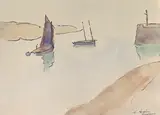 Estuary landscape with sailing boats by Maurice Asselin, ink and watercolour, sold Jan 2024