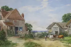 Farmyard landscape with cattle by Henry Jutsum, watercolour, sold Jan 2024