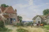 Farmyard landscape with cattle by Henry Jutsum, watercolour, sold Jan 2024