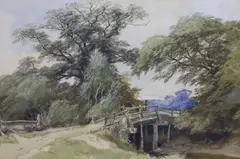 Bridge over stream by Henry Jutsum, watercolour, sold Jan 2024
