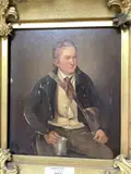 Figure in a tavern holding a tankard by W. Brown, 1832, oil on wood, sold Dec 2023