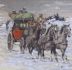 Stagecoach driving in winter landscape by W.R Earthrowl, watercolour, offered Dec 2023
