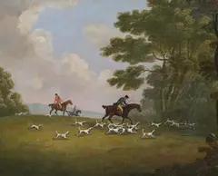 Hunting scenesoils by Samuel Howitt, oil, sold Dec 2023