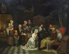 Interior with family around a dying manoil on by Eugène De Block, 1862, oil on panel, sold Dec 2023
