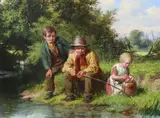 Three children fishing by William Bromley, Oil on canvas relined, sold Dec 2023