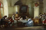 Interior with figures relaxing around a tableoil by Carl Wilhelm Bernhard Mohrhagen, 1855, Oil on canvas relined, sold Dec 2023